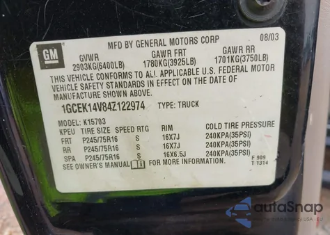 2004 Chevrolet Silverado 1500 Ls from USA, damaged, VIN 1GCEK14V84Z122974